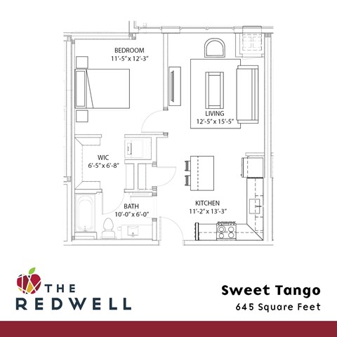 A floor plan for a 645 square feet home with a bedroom, living room, kitchen, and bath.